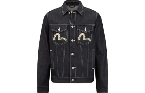 EVISU Denim Jackets Men's Denim Blue Lapel Moderate Straight Fit