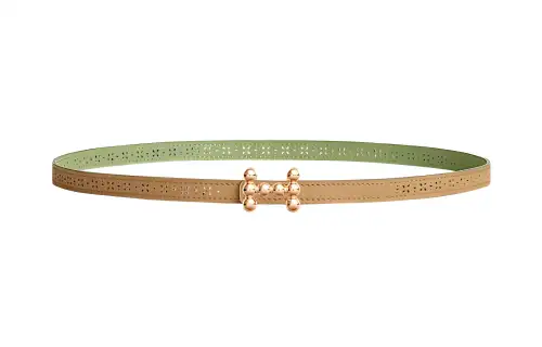 HERMES Bubble Calfskin Double Sided Leather Belts Women's Green Width 13mm