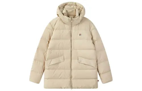 FILA Letter Solid Color Hooded Down Jacket Men's Khaki