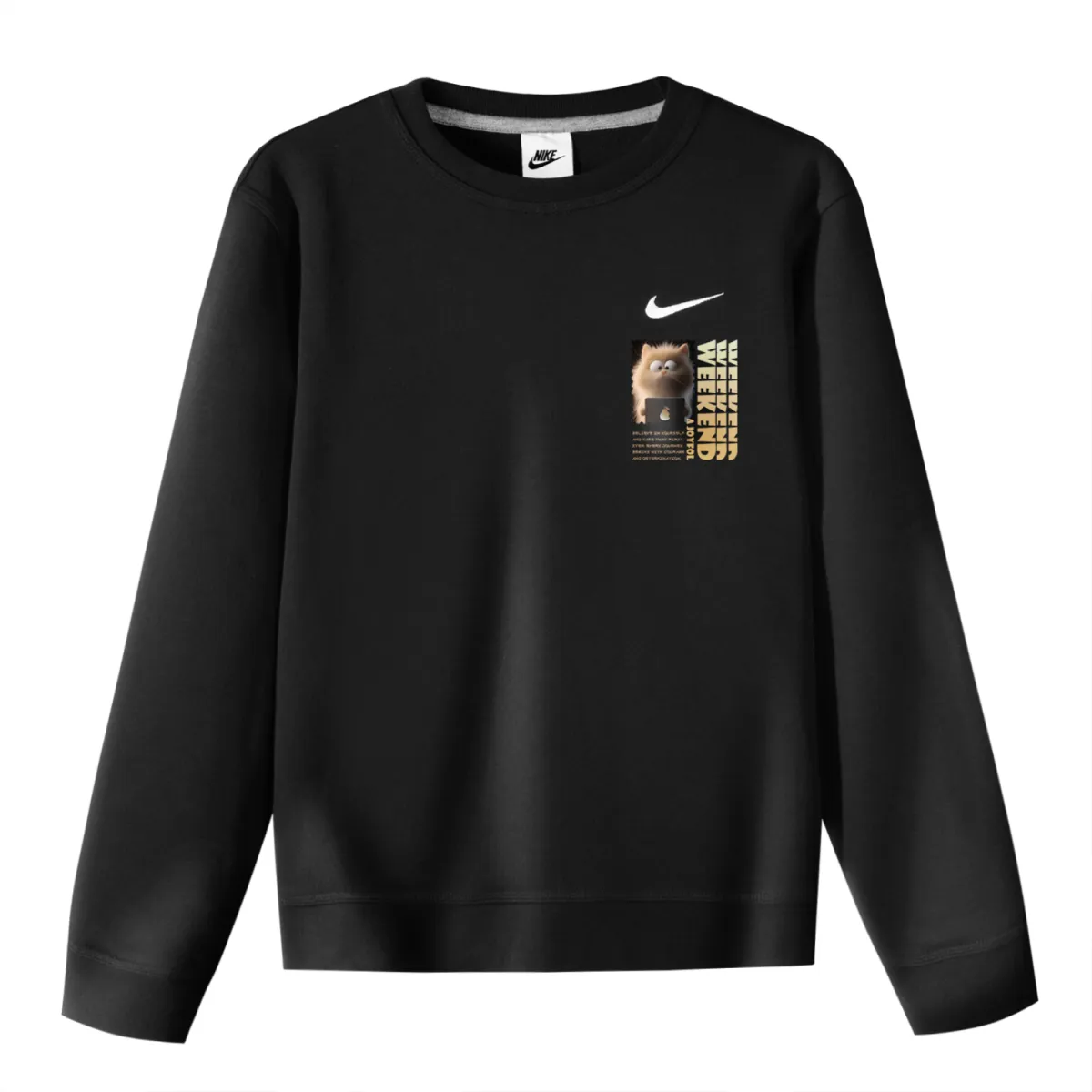 Nike Fleece Lined Caramel Cat Print Crew Neck Long Sleeved Pullover Sweatshirt Unisex Black