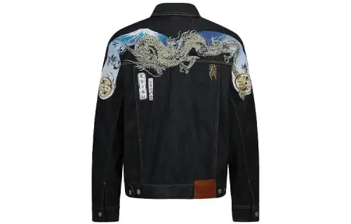EVISU Denim Jackets Men's Denim Blue Lapel Moderate Straight Fit