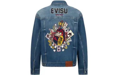 EVISU Denim Jackets Men's Denim Blue Lapel Moderate Straight Fit