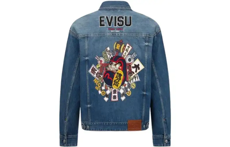 EVISU Denim Jackets Men's Denim Blue Lapel Moderate Straight Fit
