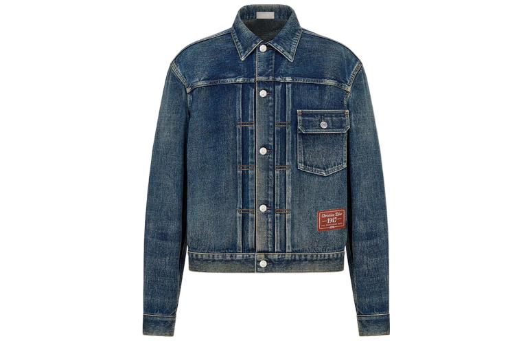 DIOR Dior FW22 stone-washed cotton patch single-breasted long-sleeved denim jacket for men, blue