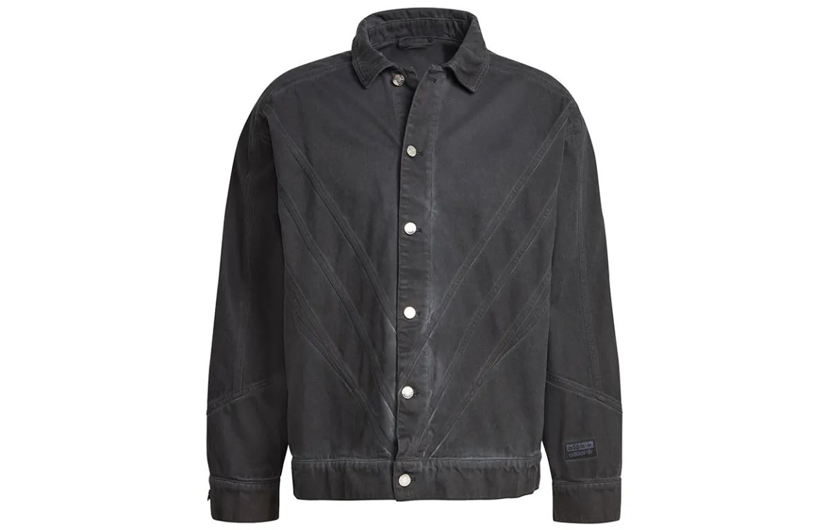 Adidas Originals FSHN Denim Jackets Men's Black Lapel Moderate Straight Fit