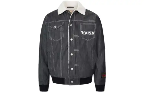 EVISU Denim Jackets Men's Denim Blue Fur Collar Moderate Nipped In Waist