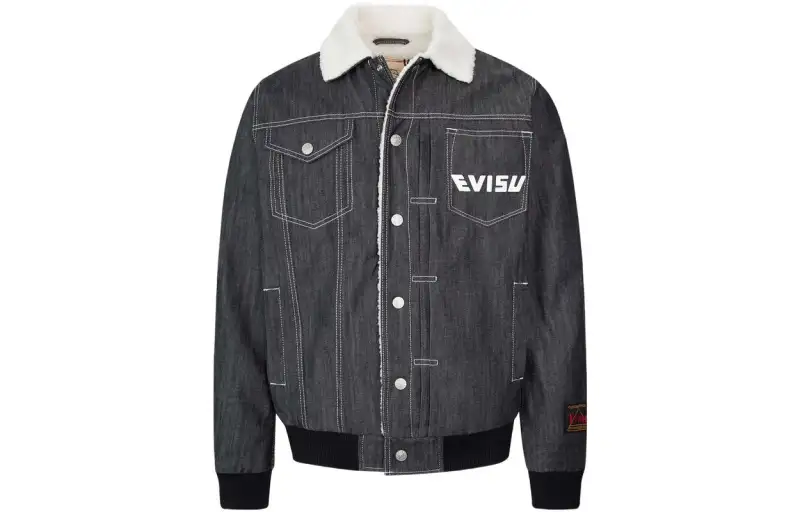 EVISU Denim Jackets Men's Denim Blue Fur Collar Moderate Nipped In Waist