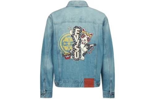 EVISU Denim Jackets Men's Denim Blue Lapel Moderate Straight Fit