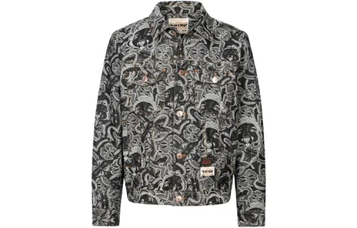 EVISU Denim Jackets Men's Black All Over Print Lapel Moderate Straight Fit
