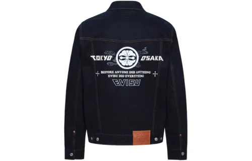EVISU Denim Jackets Men's Navy Blue Lapel Moderate Straight Fit