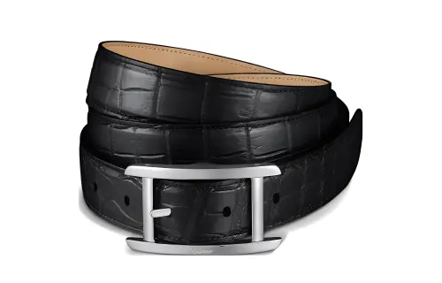 CARTIER Palladium Plated Finish Pin Buckle Leather Belts Unisex Black Width 3CM