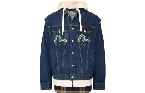 EVISU Denim Jackets Men's Blue Hooded Moderate Straight Fit