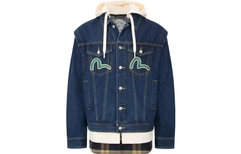 EVISU Denim Jackets Men's Blue Hooded Moderate Straight Fit