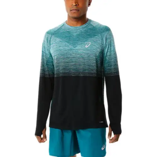 ASICS T Shirts Men's Blue Black Crew Neck Moderate