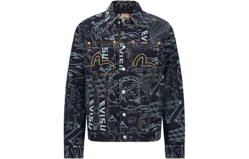EVISU Denim Jackets Men's Denim Blue Lapel Moderate Straight Fit