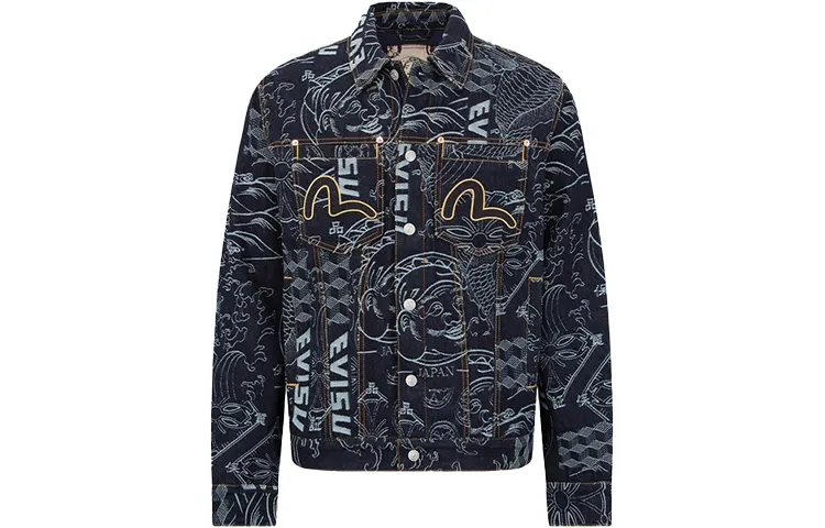 EVISU Denim Jackets Men's Denim Blue Lapel Moderate Straight Fit