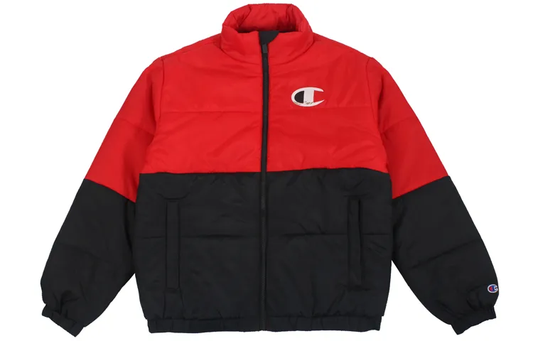 Champion Minimalist Style Fleece Lined Zippers Puffer Jacket US Version, Winter Unisex Black Red Patchwork