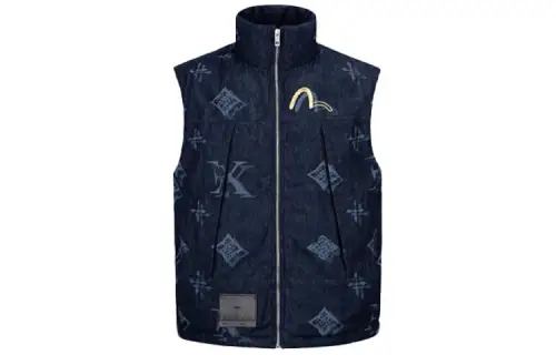 EVISU Vests Men's Blue Stand Collar Moderate Other