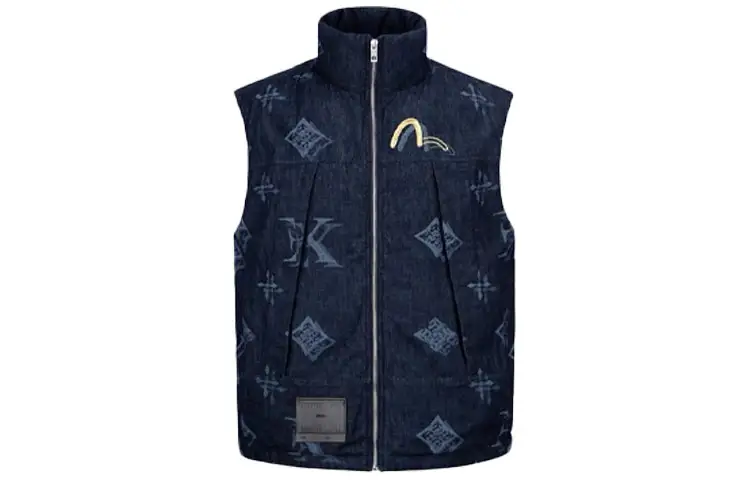 EVISU Vests Men's Blue Stand Collar Moderate Other