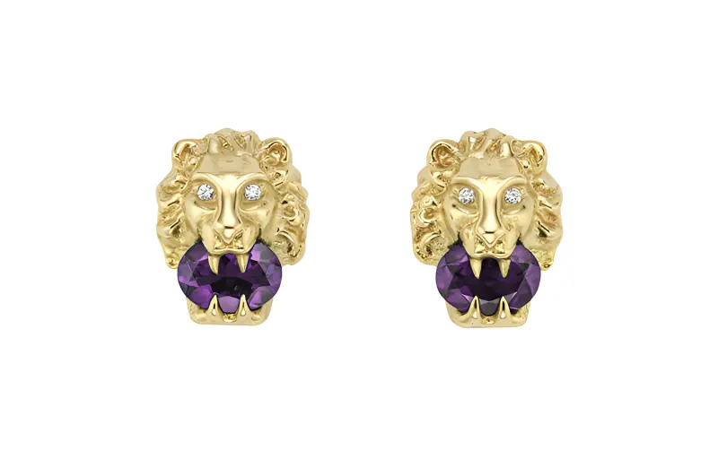 GUCCI Diamond 18K Gold Amethyst Stud Earrings Unisex Gold