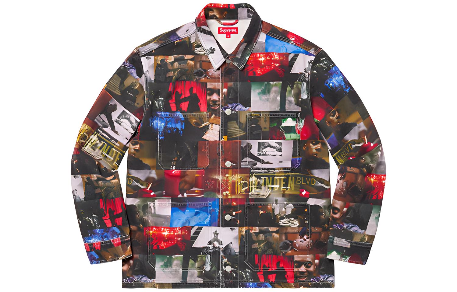 Supreme FW21 Week 1 Nas and DMX Collage Denim Chore Coat Collage American trendy denim jacket, same style for men and women, multi-color