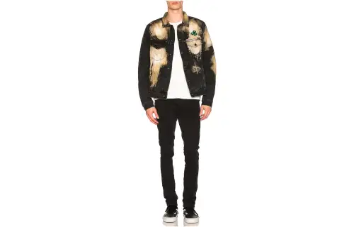 OFF WHITE Distressed Bleached Clover Embroidered Denim Jacket