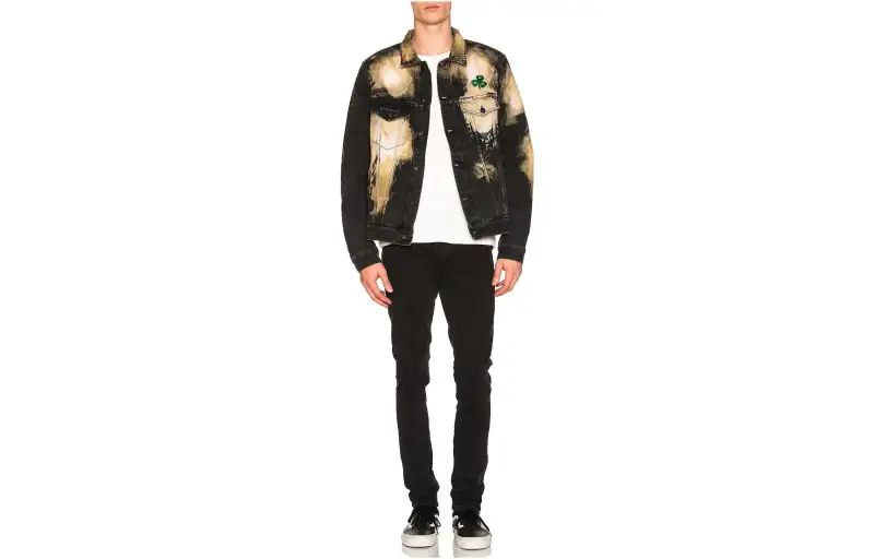OFF WHITE Distressed Bleached Clover Embroidered Denim Jacket