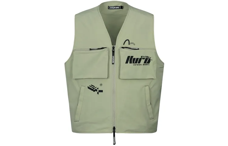 EVISU Vests Men's Green V Neck Moderate Workwear