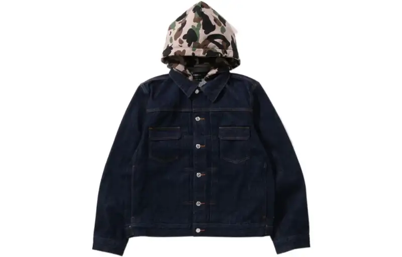 A BATHING APE Bape Denim Jackets Unisex Dark Blue Hooded Moderate Straight Fit