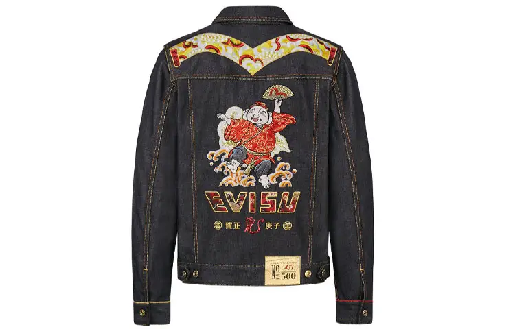 EVISU Denim Jackets Men's Black Lapel Moderate Straight Fit