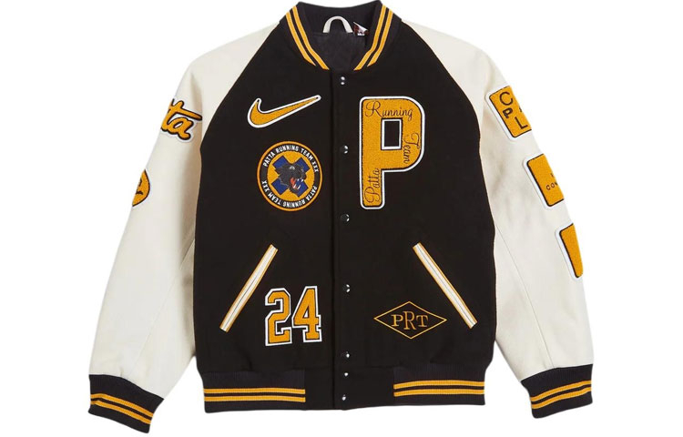 Nike X Patta co-branded Running Team Varsity SS24 logo logo letter embroidery splicing contrast color comfortable and fashionable sports running sports stand collar jacket jacket for men and women black and white