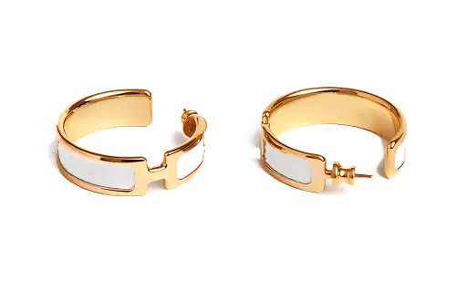 HERMES Calfskin, Gold Plated, Metal Parts Earrings Women's Gold