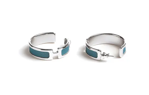 HERMES Palladium Plated Calfskin Earrings Women's Blue