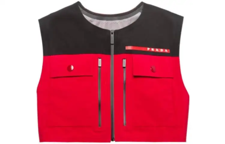 PRADA Vests Men's Black Red Crew Neck Moderate