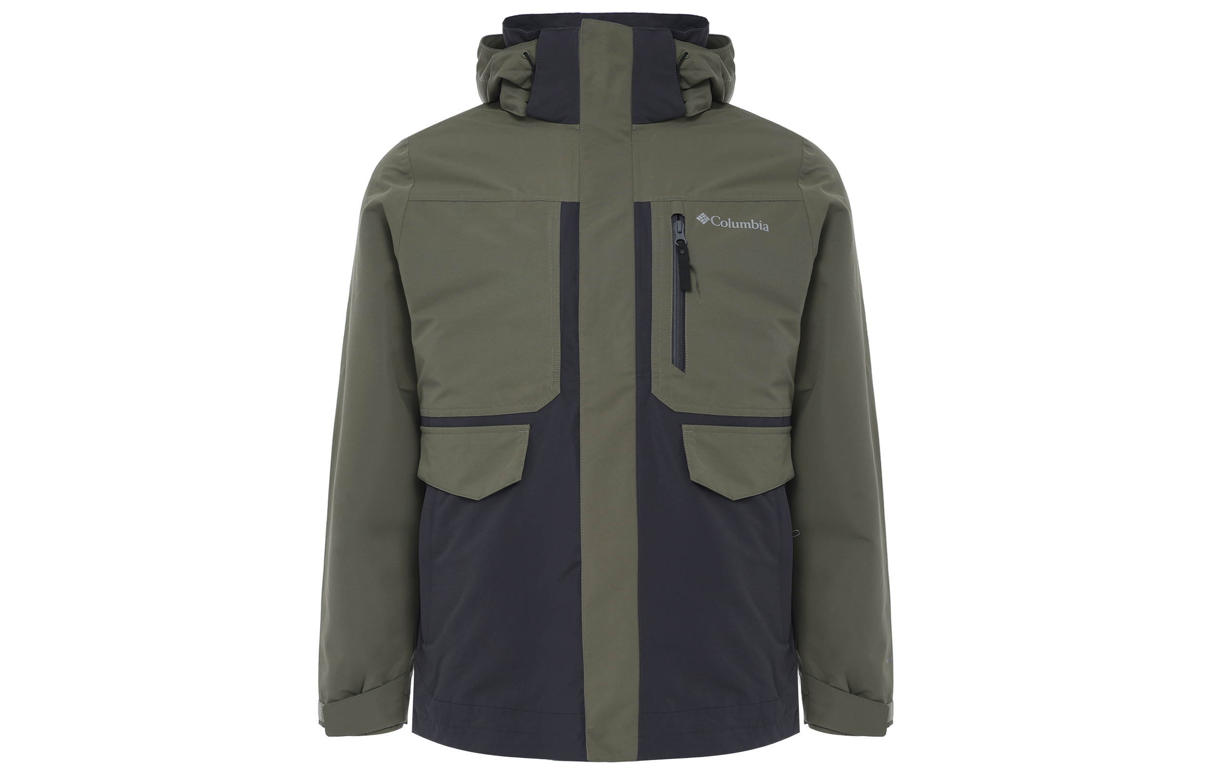 Columbia Travel waterproof windproof removable liner with down with hood, green jacket, three-in-one