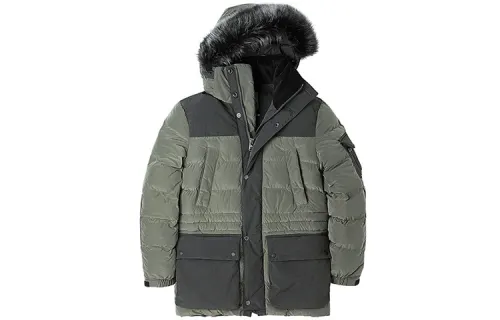 Timberland Puffer Jackets Men's Peat Army Green Hooded Thickened Patchwork Puffer Jacket
