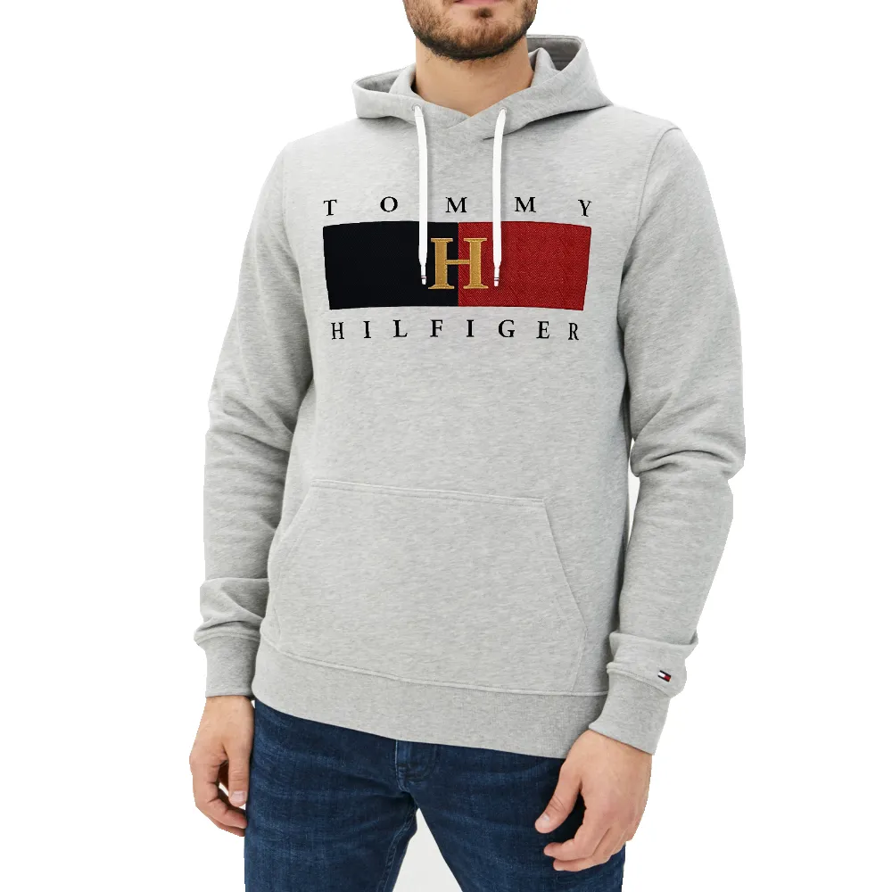 Tommy Hilfiger Casual Loose Fit Hooded Embroidery Fleece Lined Pullover Sweatshirt Men's Light Gray