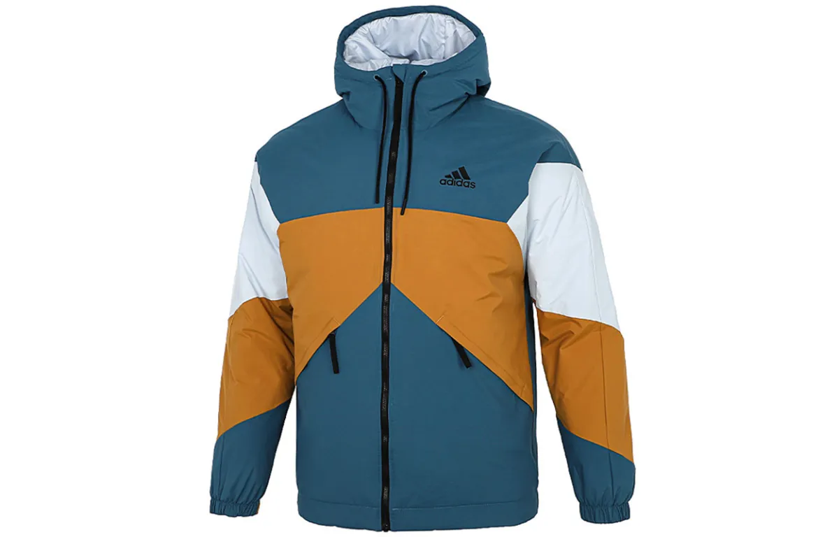 Adidas Puffer Jackets Men's Uniform Blue Hooded Moderate Patchwork Puffer Jacket