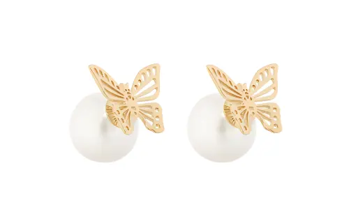 DIOR Resin Pearl Metal Stud Earrings Women's Gold