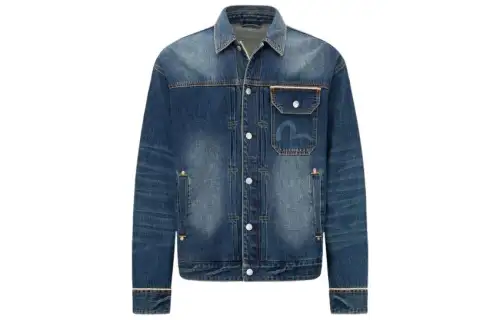 EVISU SS22 Topstitched Large M Washed Denim Jacket Men's Denim Blue