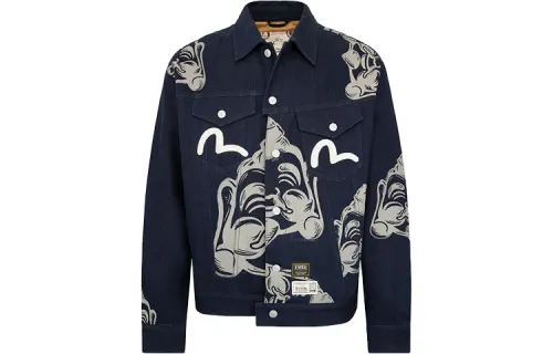 EVISU Denim Jackets Men's Denim Blue Lapel Moderate Straight Fit