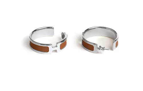HERMES Calfskin, Palladium Plated, Metal Earrings Women's Silver