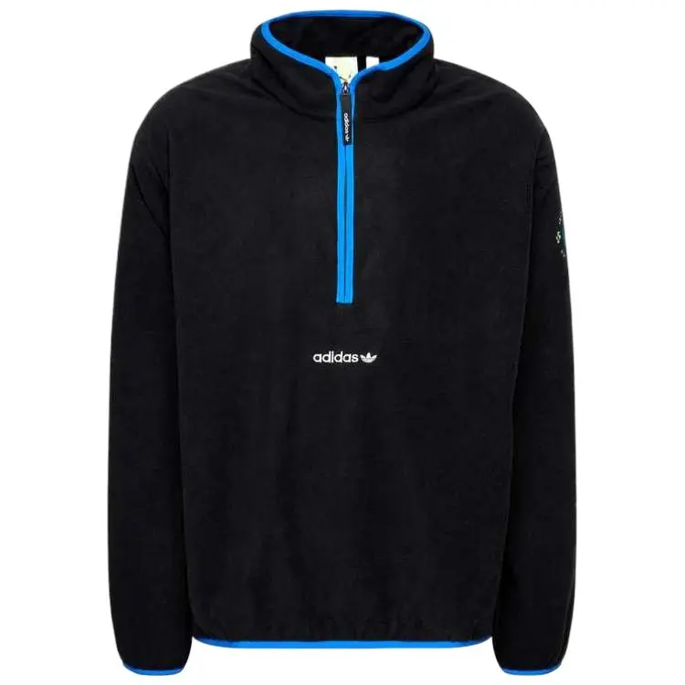 Adidas Originals Brand Logo Letter Embroidery Half Zip Design Fleece Lined Thermal Sweatshirt Men's Black