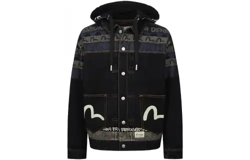 EVISU Denim Jackets Men's Black Hooded Moderate Straight Fit