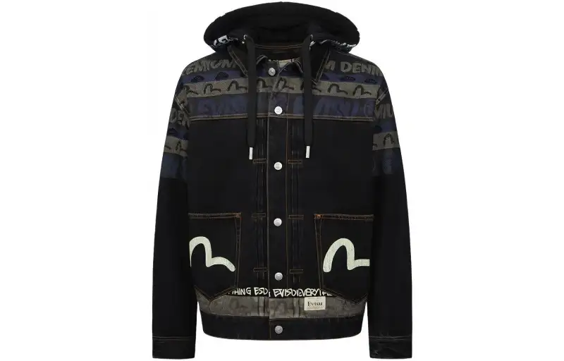EVISU Denim Jackets Men's Black Hooded Moderate Straight Fit