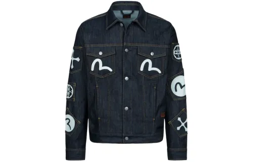 EVISU Denim Jackets Men's Denim Blue Lapel Moderate Straight Fit