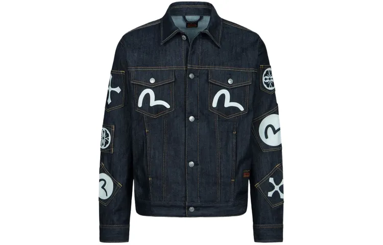 EVISU Denim Jackets Men's Denim Blue Lapel Moderate Straight Fit