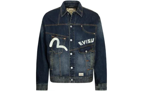 EVISU Denim Jackets Men's Denim Blue Lapel Moderate Straight Fit