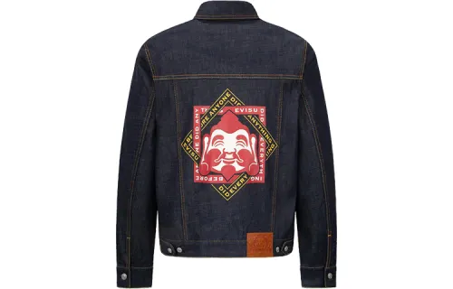 EVISU Denim Jackets Men's Denim Blue Lapel Moderate Straight Fit