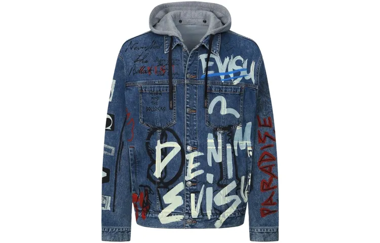 EVISU Denim Jackets Men's Denim Blue Hooded Moderate Straight Fit